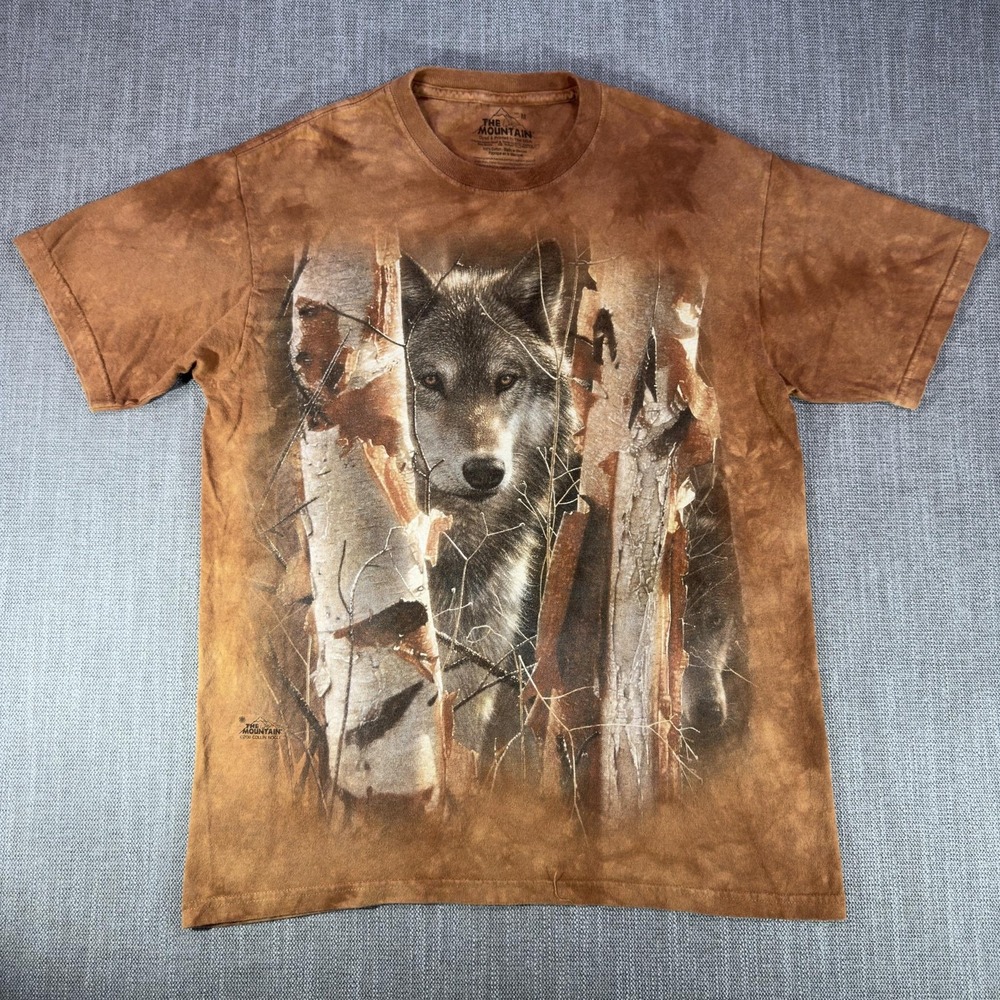 The Mountain Shirt Mens Medium Brown Wolf Birch Trees Graphic Tee Nature Outdoor
